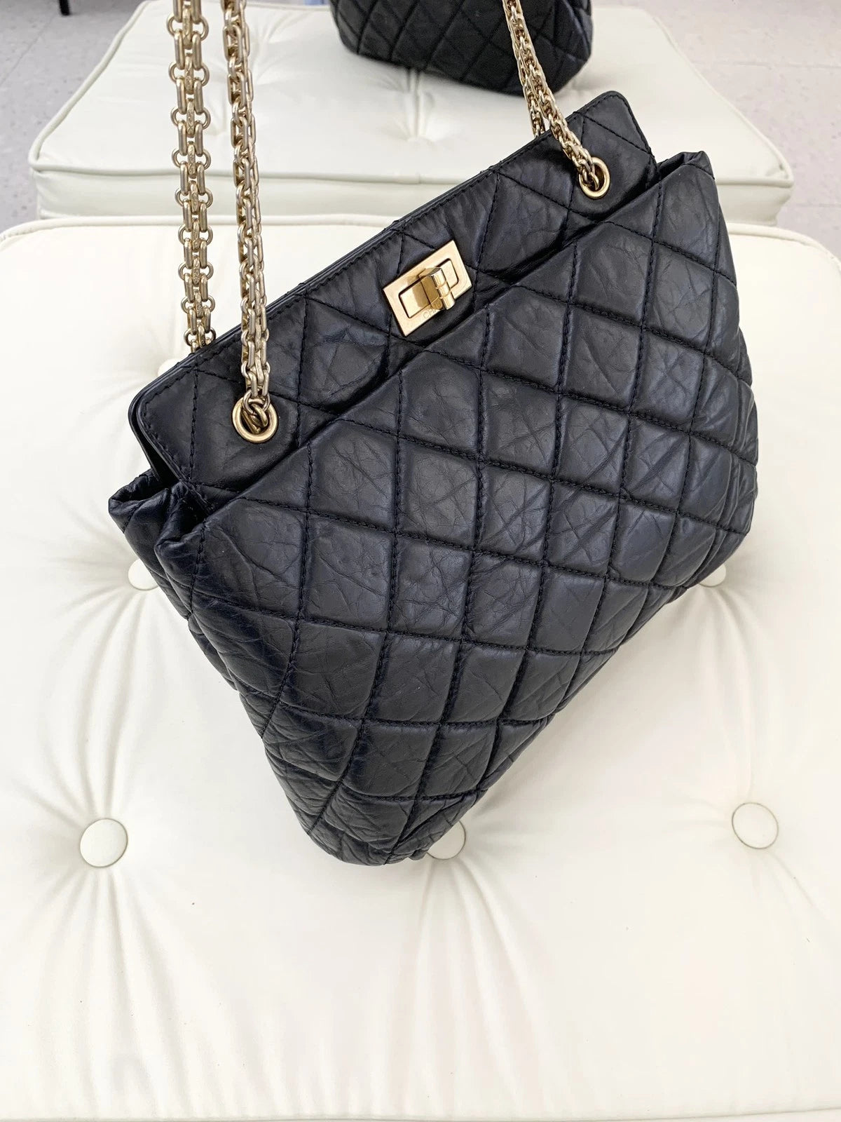 Authentic Chanel Calfskin Tote Chain Shoulder Bag Black Gold Hardware