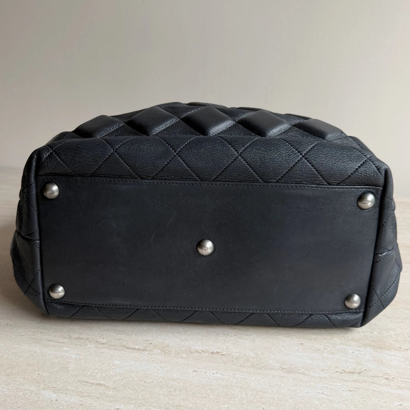Chanel Diamond Calfskin Leather Black Tote Shoulder Bag Silver Hardware