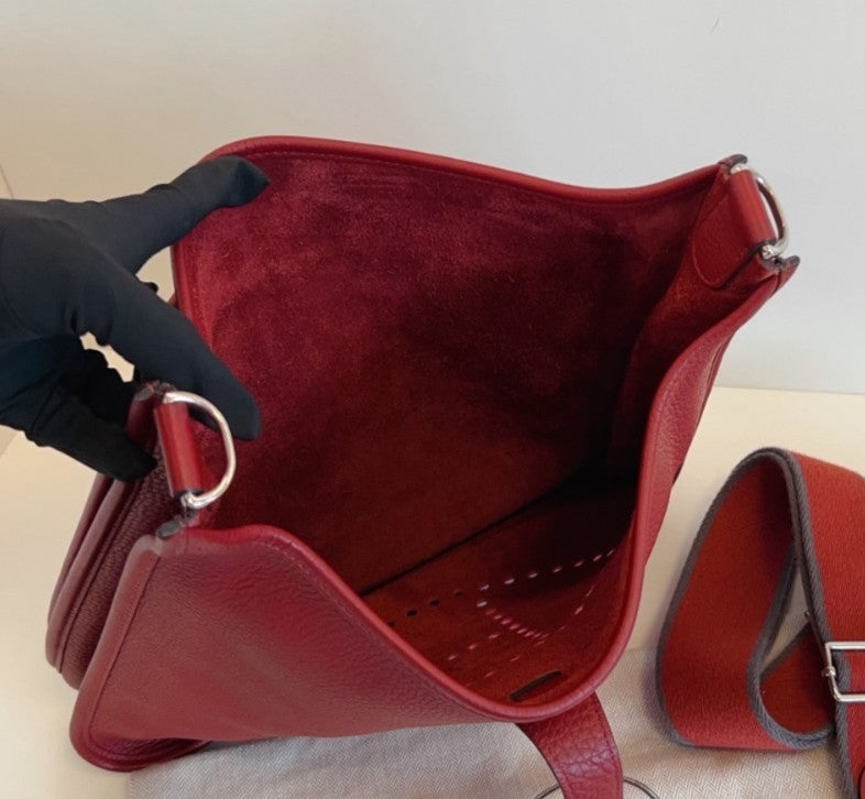 Hermes Evelyne GM Shoulder Bag Crossbody Red Silver Used Women Classic