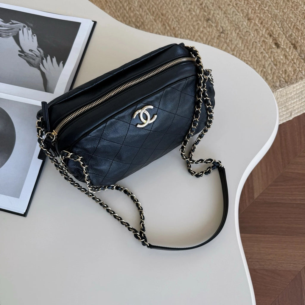 Chanel Calfskin Hobo Chain Shoulder Bag Black Gold Used Women Classic