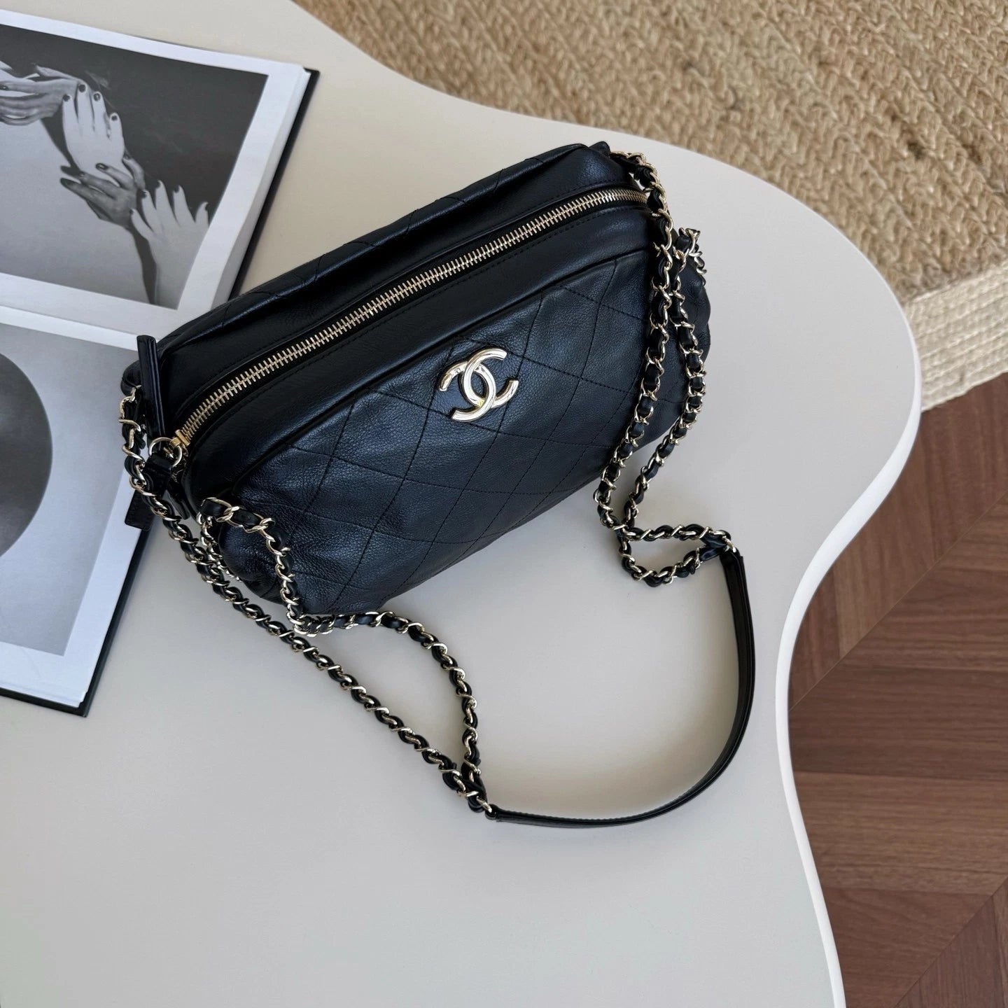 Chanel Calfskin Hobo Chain Shoulder Bag Black Gold Used Women Classic