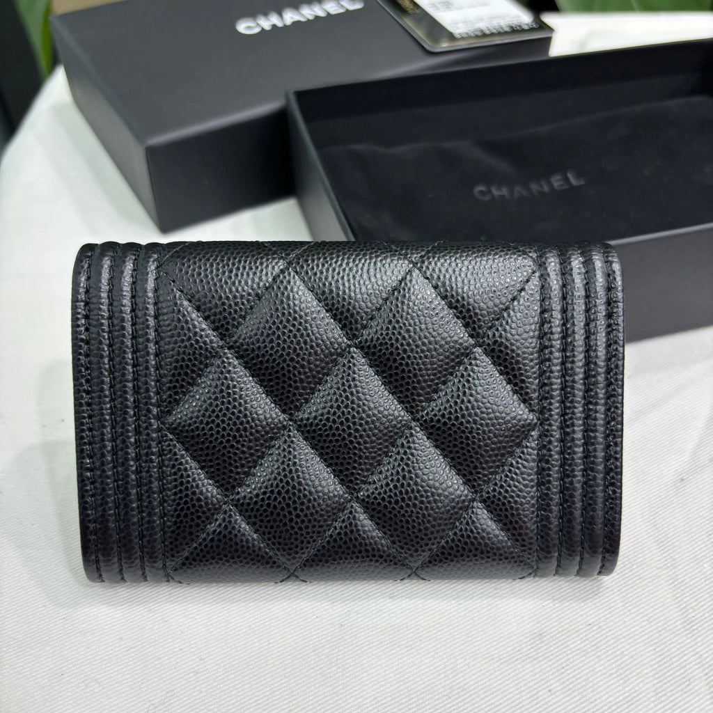 Chanel Leboy Calfskin Diamond Wallet Black Gold Used Women Classic