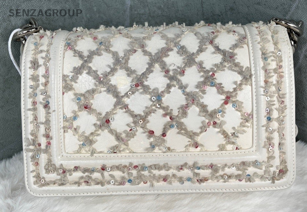 Chanel Calfskin Chain Shoulder Bag White Silver Red Used Women Classic