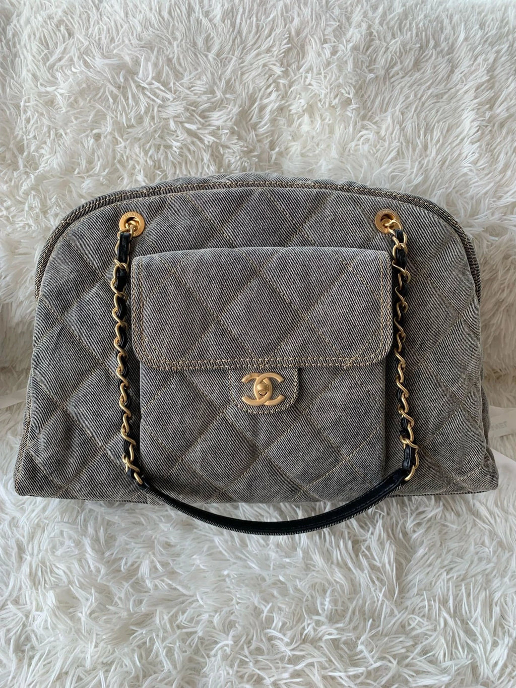 Chanel Distressed Grey Denim Maxi Bowling Bag For Women