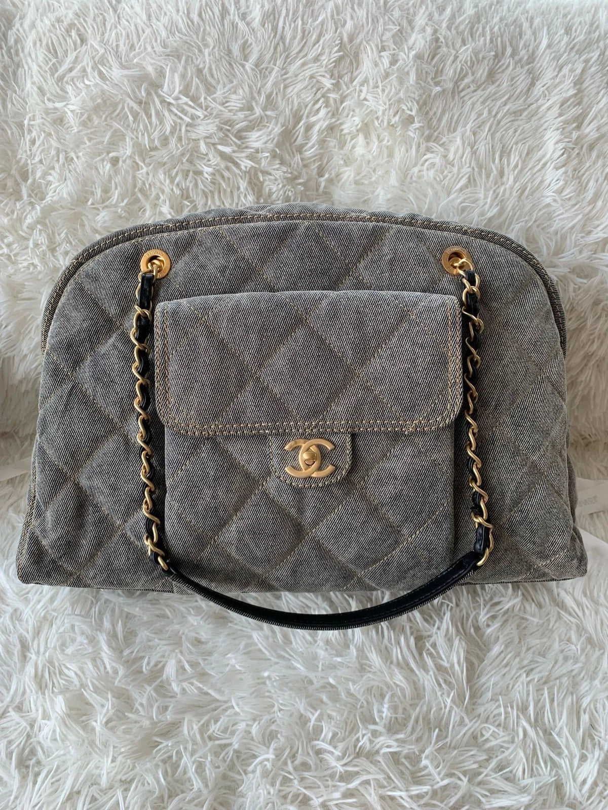 Chanel Distressed Grey Denim Maxi Bowling Bag For Women