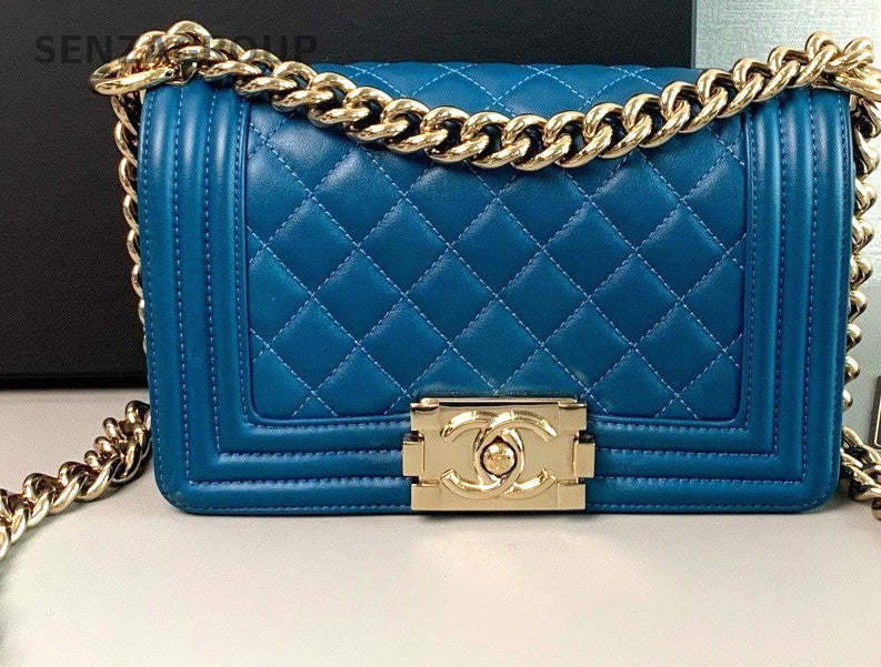 CHANEL Leboy PM Calfksin Chain Shoulder bag Women Crossbody Blue Gold