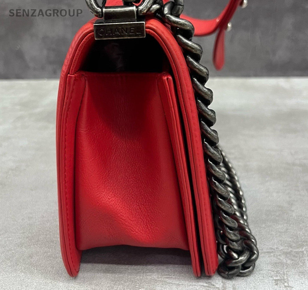 Chanel Leboy MM Calfskin Chain Shoulder Bag Red Silver Women Classic