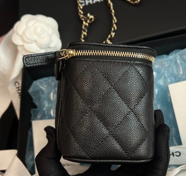 Chanel Vanity Case Chain Crossbody Black Gold Diamond Women Classic