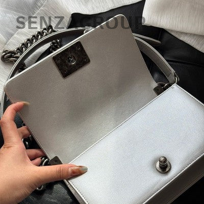 Chanel Le Boy Silver Chain Shoulder Crossbody Bag - Women's Fashion