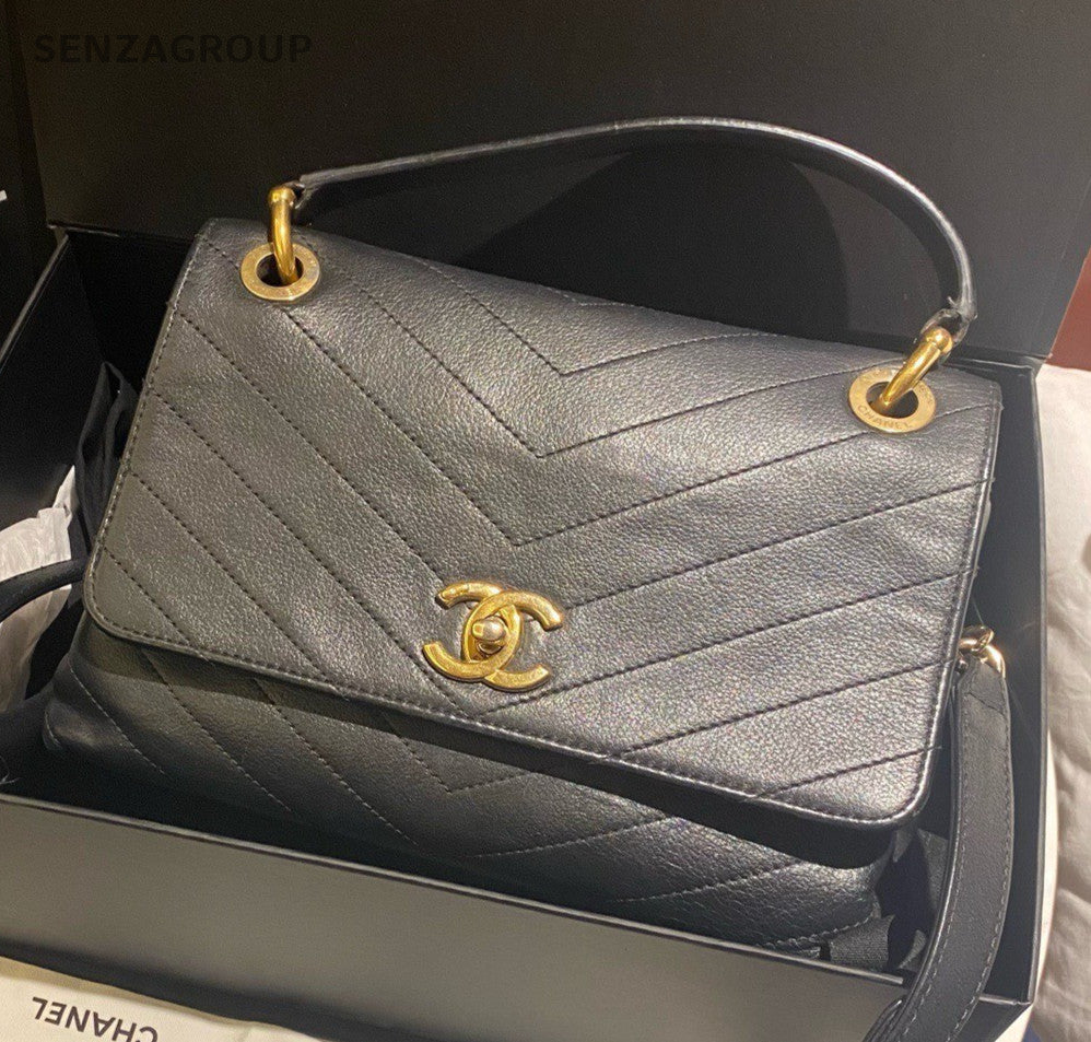 CHANEL Saddle Bag Top Handle Bag Chain Shoulder Bag Black Gold Women Classic