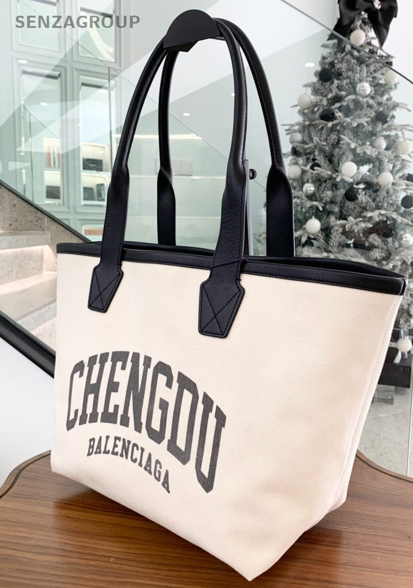 Balenciaga City Series CHENDU Canvas Leather Top Handle Shoulder Bag Women White