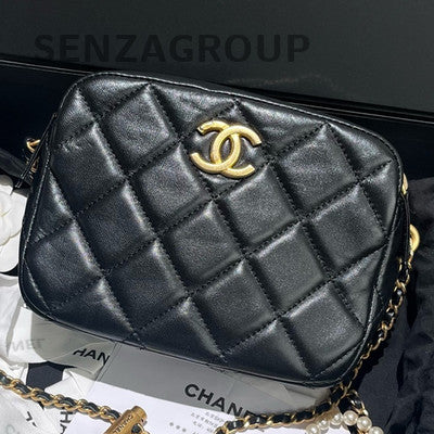 Chanel Quilted Caviar Camera Bag with Pearl Chain Black Gold Crossbody