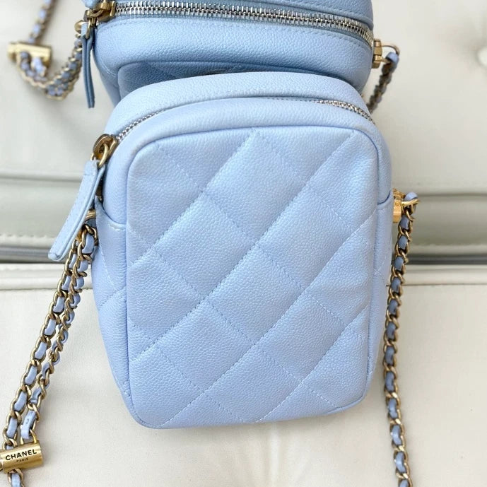Chanel Calfskin Diamond Chain Crossbody Blue Gold Used Women Classic S