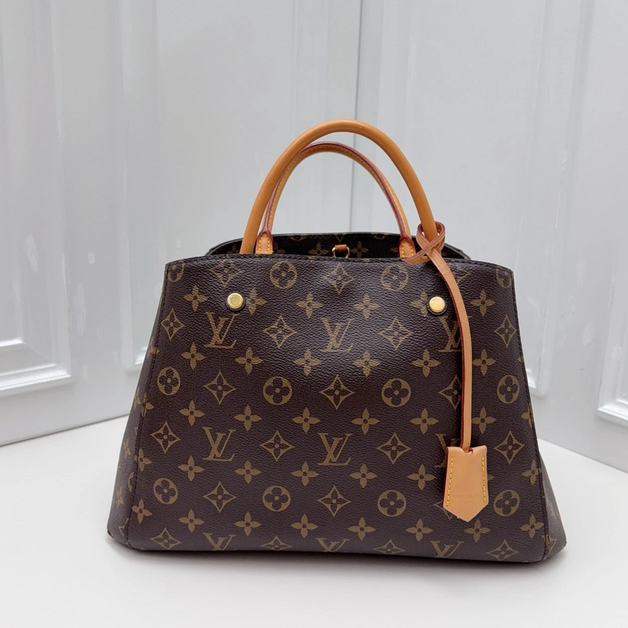 Louis Vuitton Montaigne MM Monogram Top Handle Crossbody Brown Gold Women