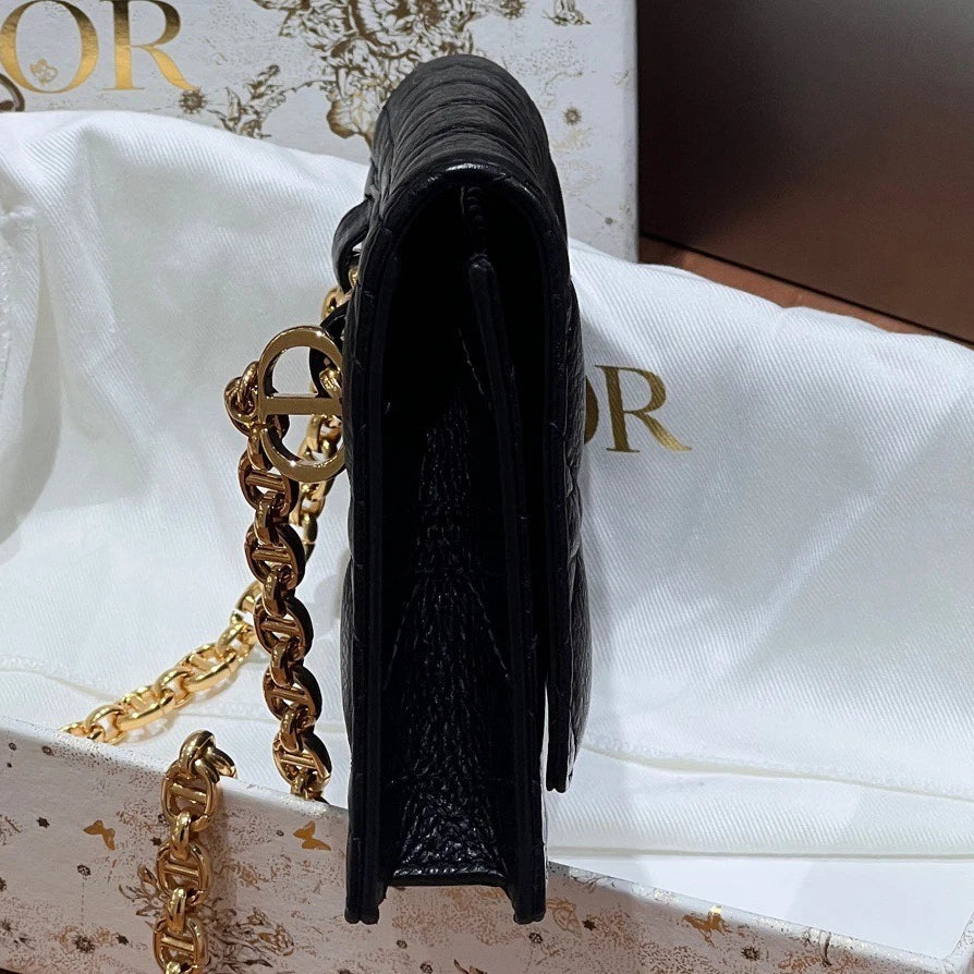 Excellent Christian Dior Caro Calfskin Long Black Wallet Chain Shoulder Bag GHW