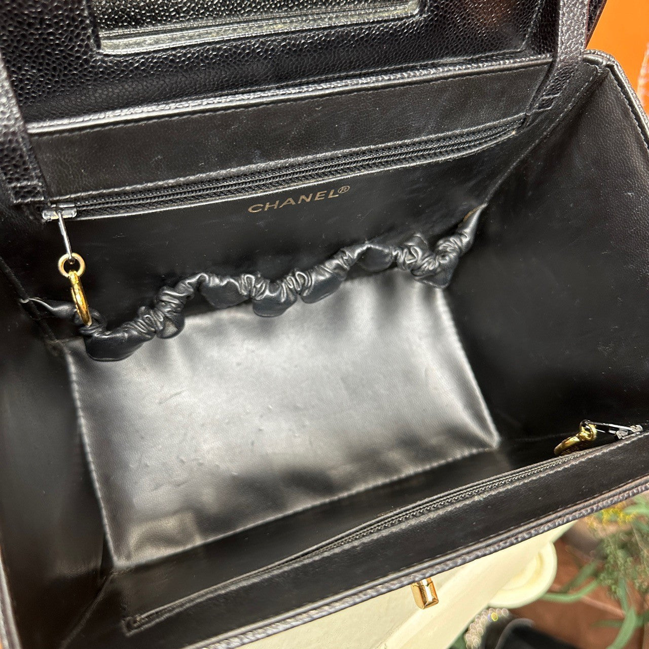 Chanel Vintage Vanity Case Top Handle Bag Black Gold Used Women Classic
