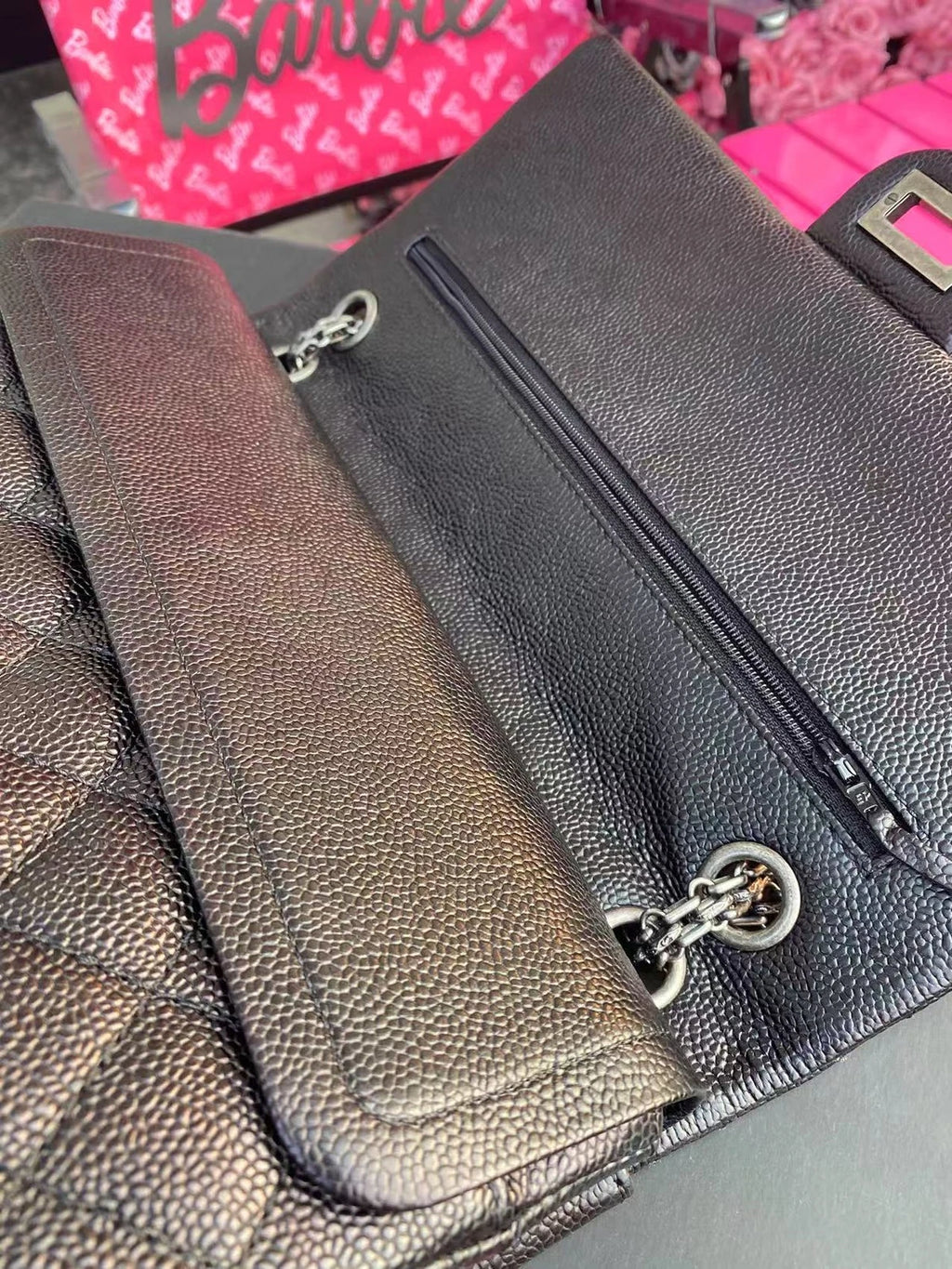 CHANEL Black Silver Leather Shoulder Crossbody Bag For Women