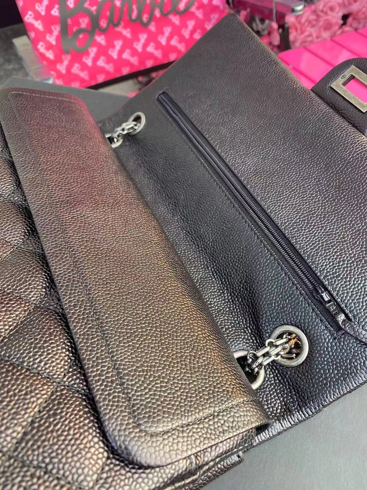 CHANEL Black Silver Leather Shoulder Crossbody Bag For Women