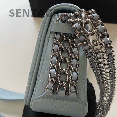 Chanel 22P Waterfall Chain Shoulder Bag Blue Silver Quilted