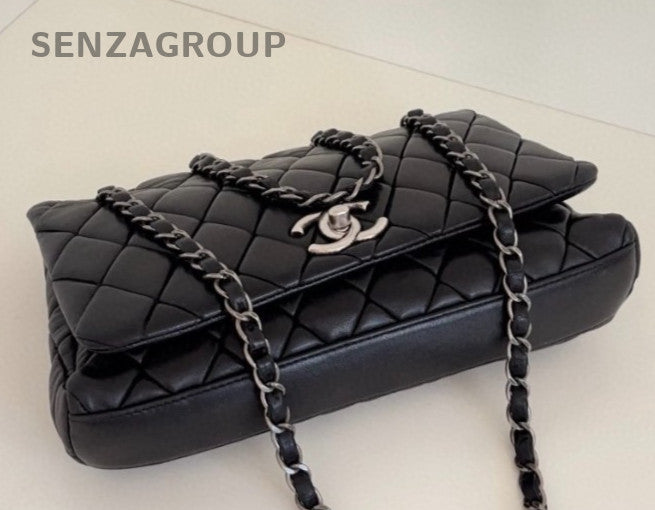Chanel Classic Flap Chain Lambskin Shoulder Bag Black Silver Women Fashion