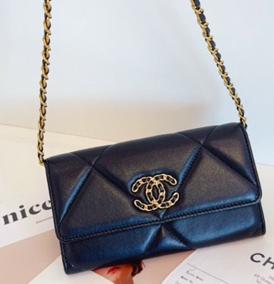 CHANEL 19bag Long Wallet Diamond Pattern Black Gold Women Almost Brand NEW