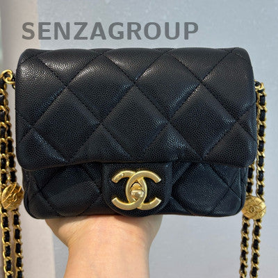 Chanel Coin Square Mini Flap Bag Black Gold Chain Shoulder Crossbody