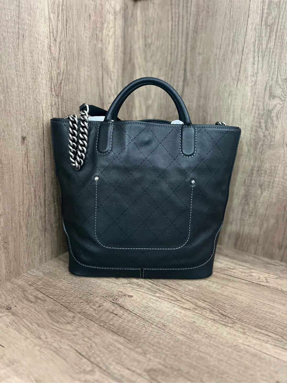 CHANEL Black Silver Quilted Chain Shoulder Tote Bag For Women