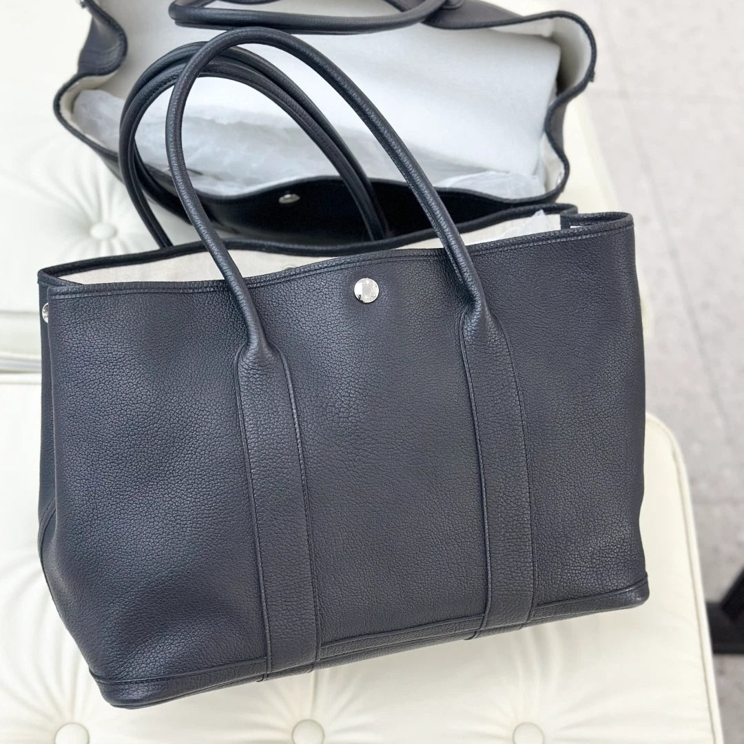 Hermes Garden Party 36 Calfskin Tote Shoulder Bag Black Silver Women S