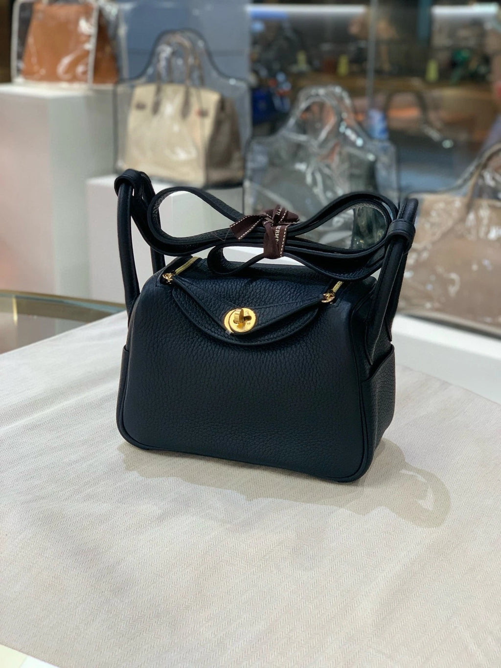 Hermes Mini Lindy Black Gold TC Leather Top Handle Bag For Women
