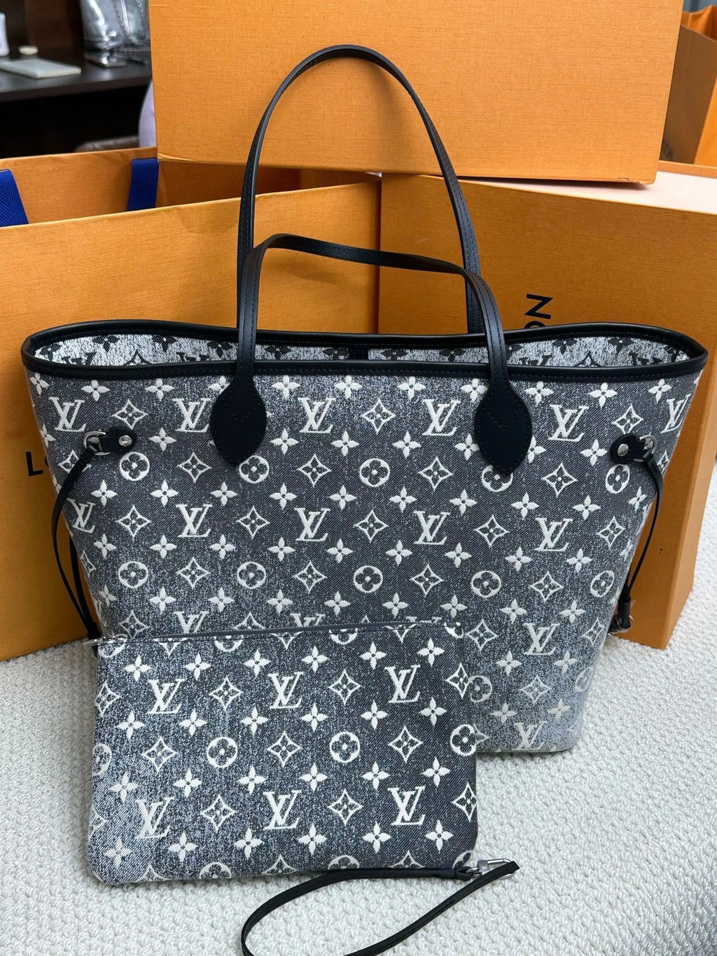 Louis Vuitton Neverfull Denim Black White Tote Bag Excellent