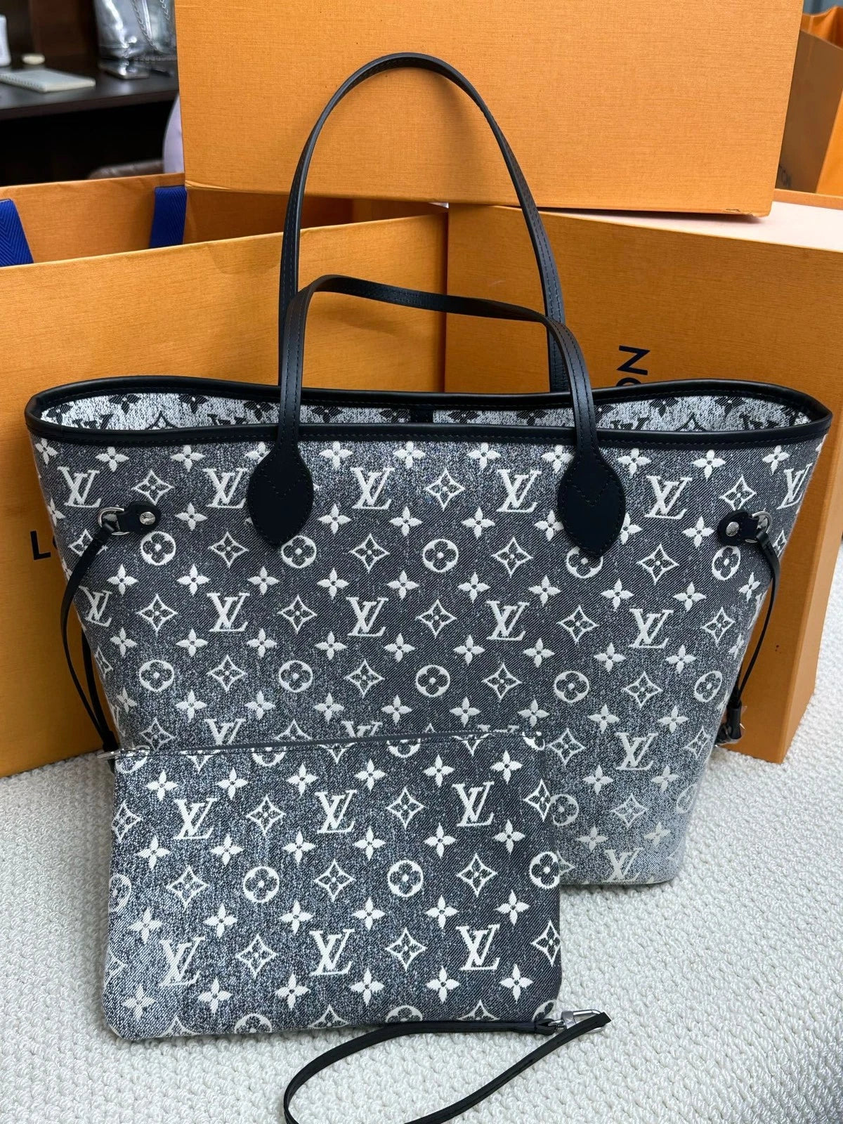 Louis Vuitton Neverfull Denim Black White Tote Bag Excellent