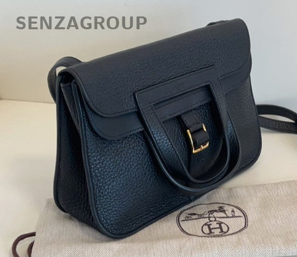 Hermes Halzan25 Top Handle Shoulder Bag Crossbody Black Gold Women Classic