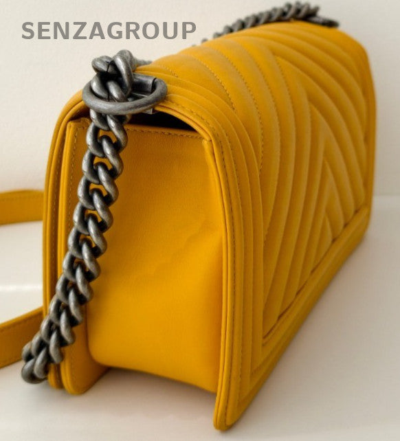 Chanel Leboy MM Lambskin Chain Shoulder Bag Yellow Silver Used Women Classic