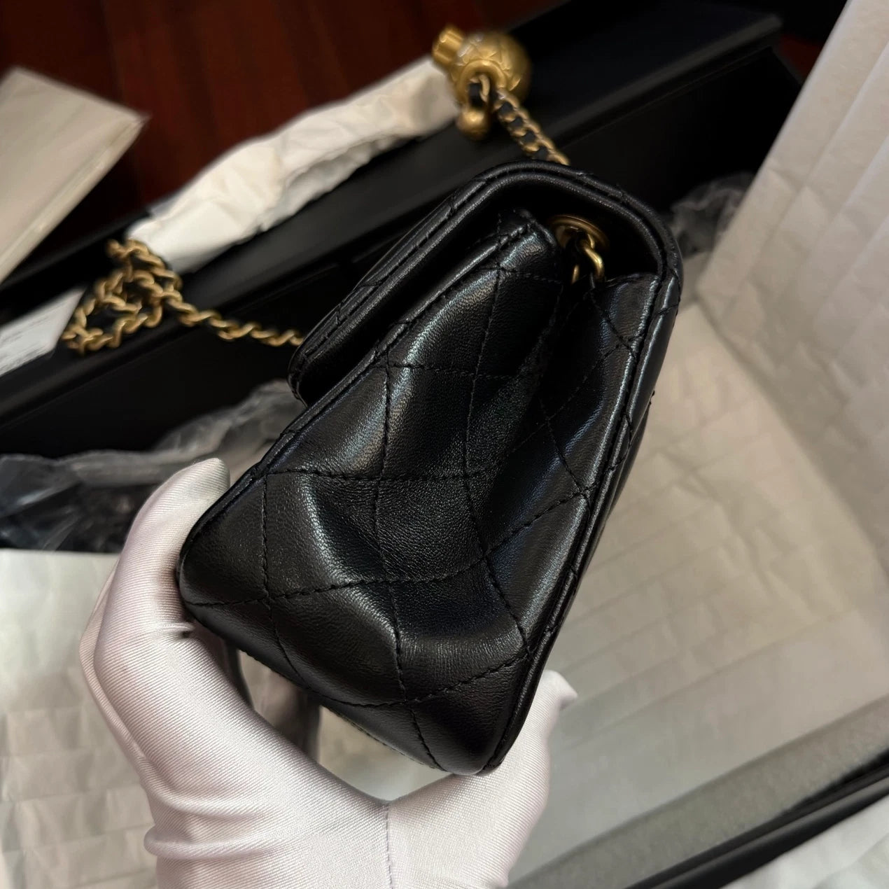 Chanel Classic Flap Chain Shoulder Bag Crossbody Black Gold Diamond Women
