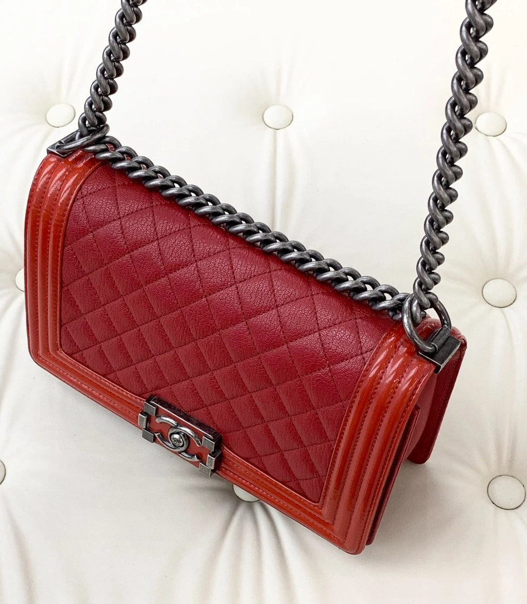 Chanel Leboy MM Calfskin Patent Chain Shoulder Bag Crossbody Red Women S