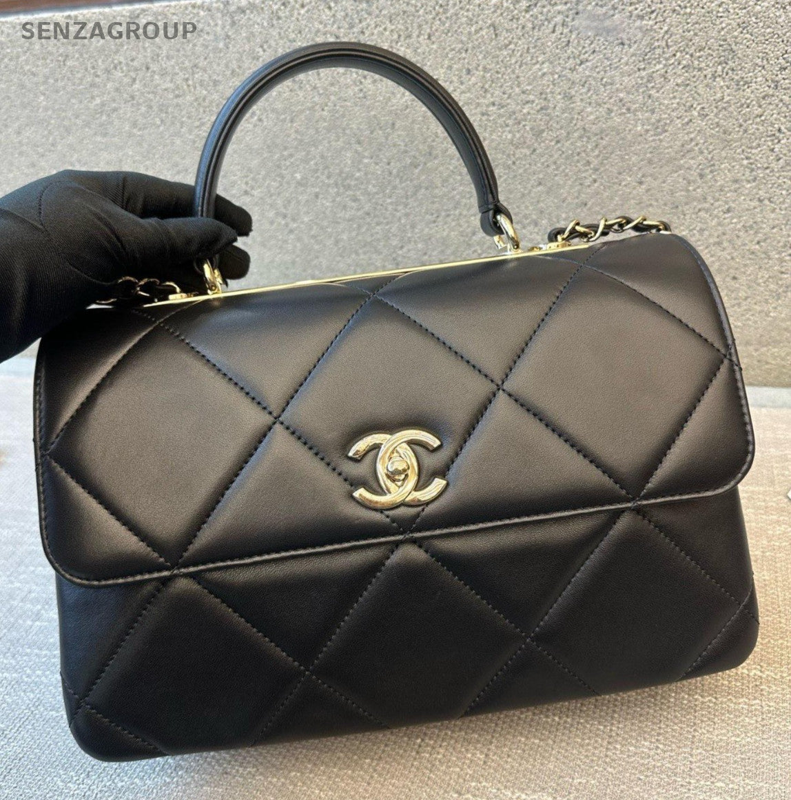Chanel Trendy CC MM Top Handle Bag Chain Crossbody Black Gold Women Classic