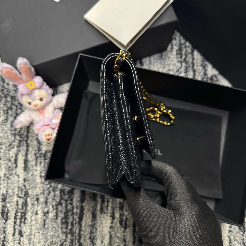 CHANEL Black Lamskin Gold 24 Chip WOC Crossbody Bag For Women
