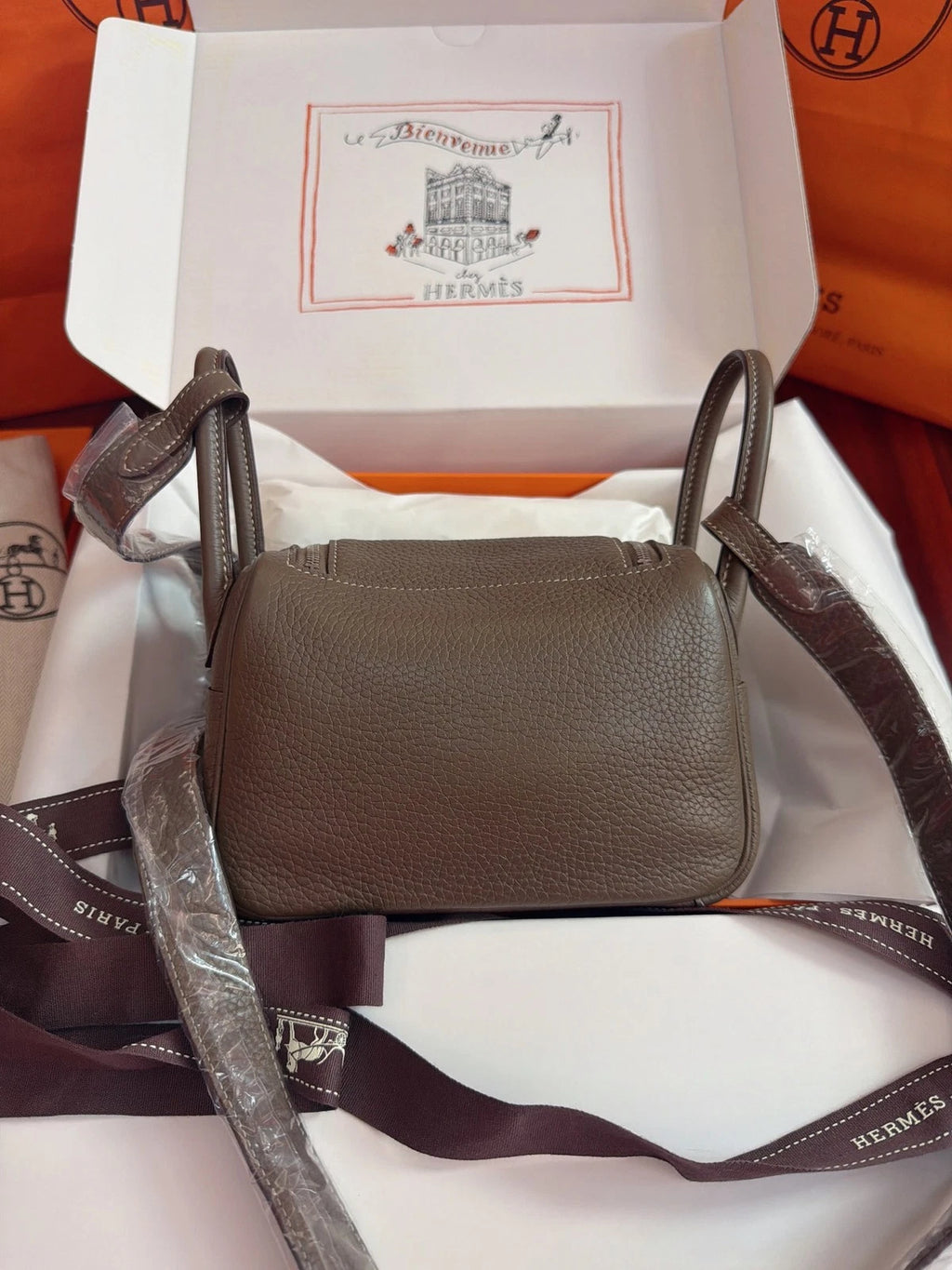 Excellent Hermes Lindy Mini TC Leather Gray Handbag Shoulder Bag Silver Hardware