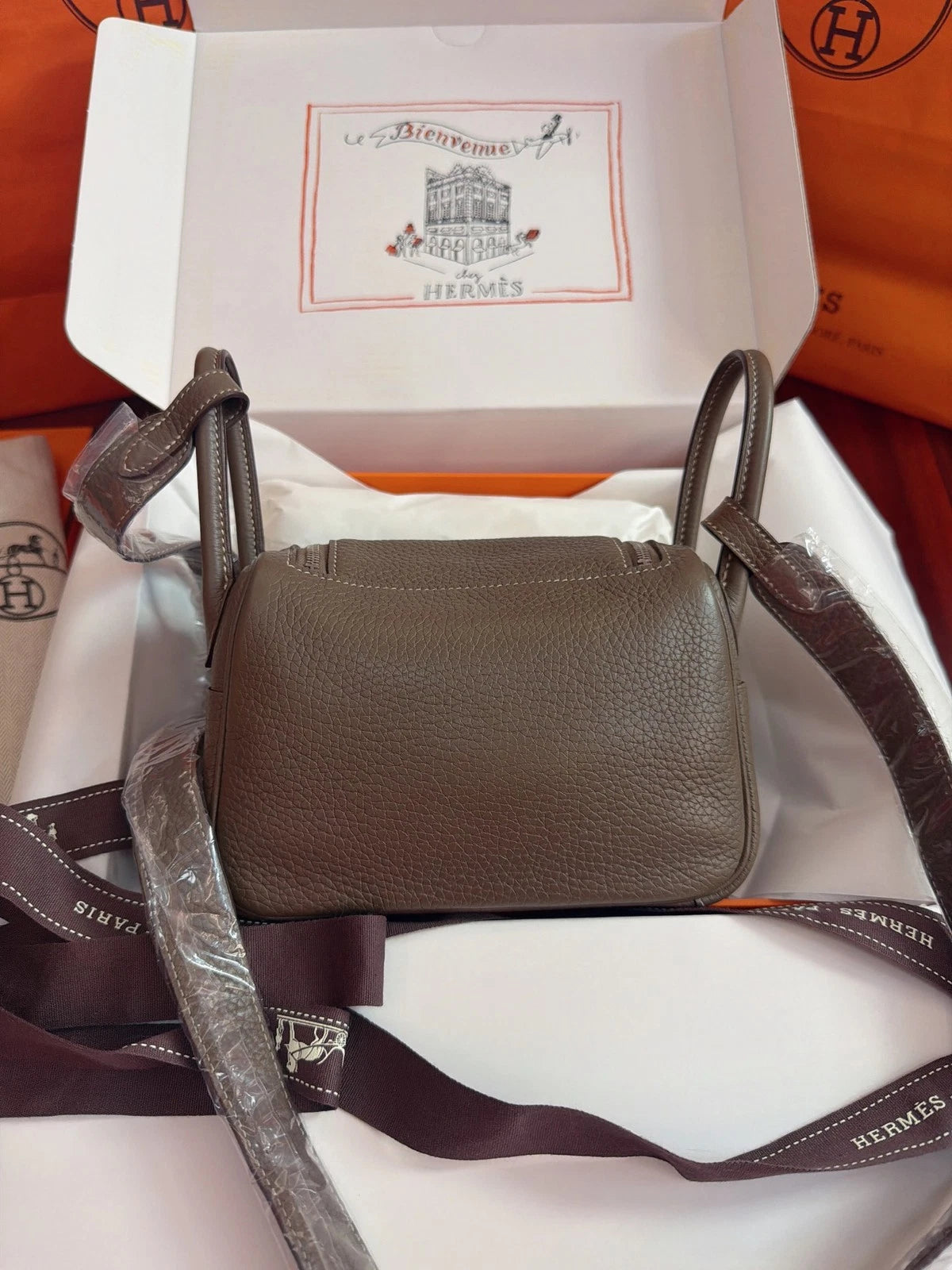 Excellent Hermes Lindy Mini TC Leather Gray Handbag Shoulder Bag Silver Hardware