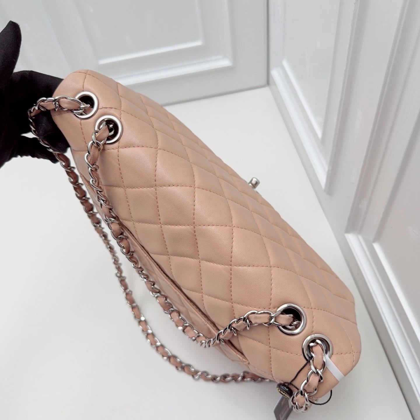 Chanel Classic Flap Lambskin Chain Shoulder Bag Pink Silver Women Diamond