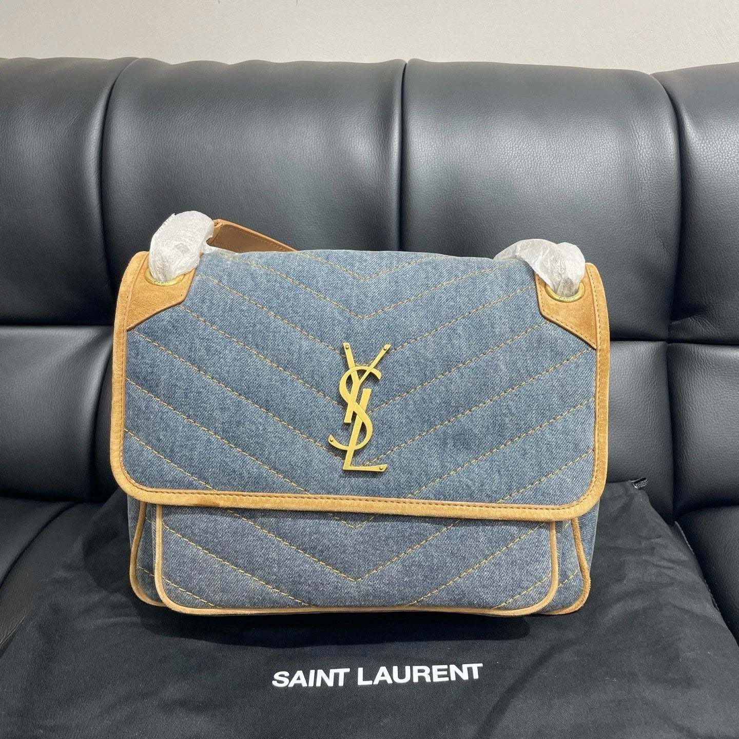 Saint Laurent Niki Gold Blue Shoulder Bag Excellent