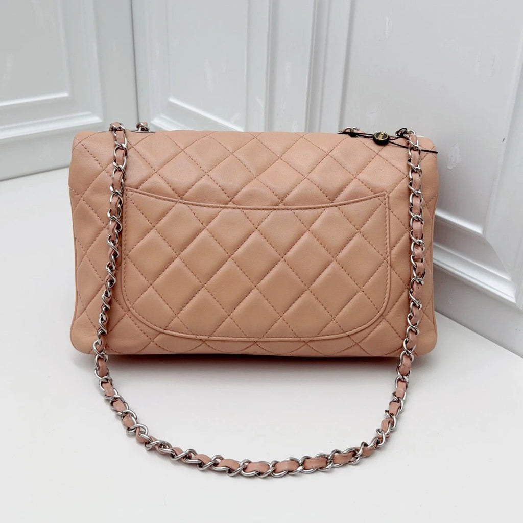 Chanel Classic Flap Lambskin Chain Shoulder Bag Pink Silver Women Diamond