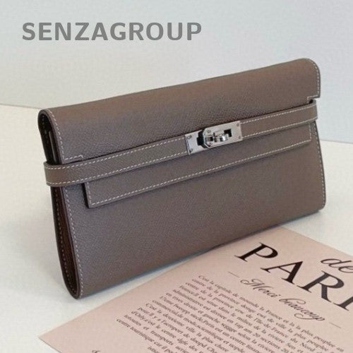 Hermes Kelly Long Wallet Epsom Leather Clutch Bag Gray Women