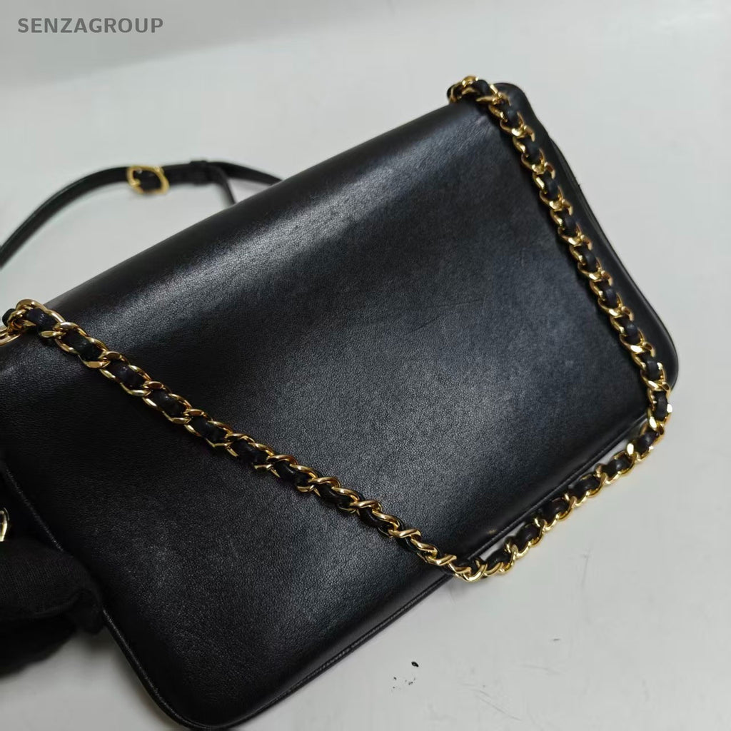 Chanel Timeless Chain Shoulder Bag Black Gold Diamond Women Classic Designer