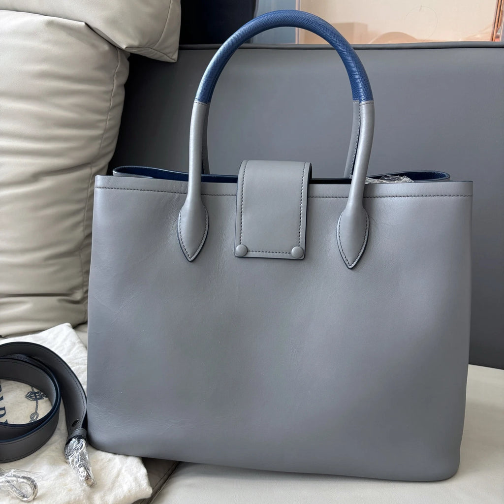 Prada Double Bag Calfskin Top Handle Shoulder Bag Gray Silver Women Classic