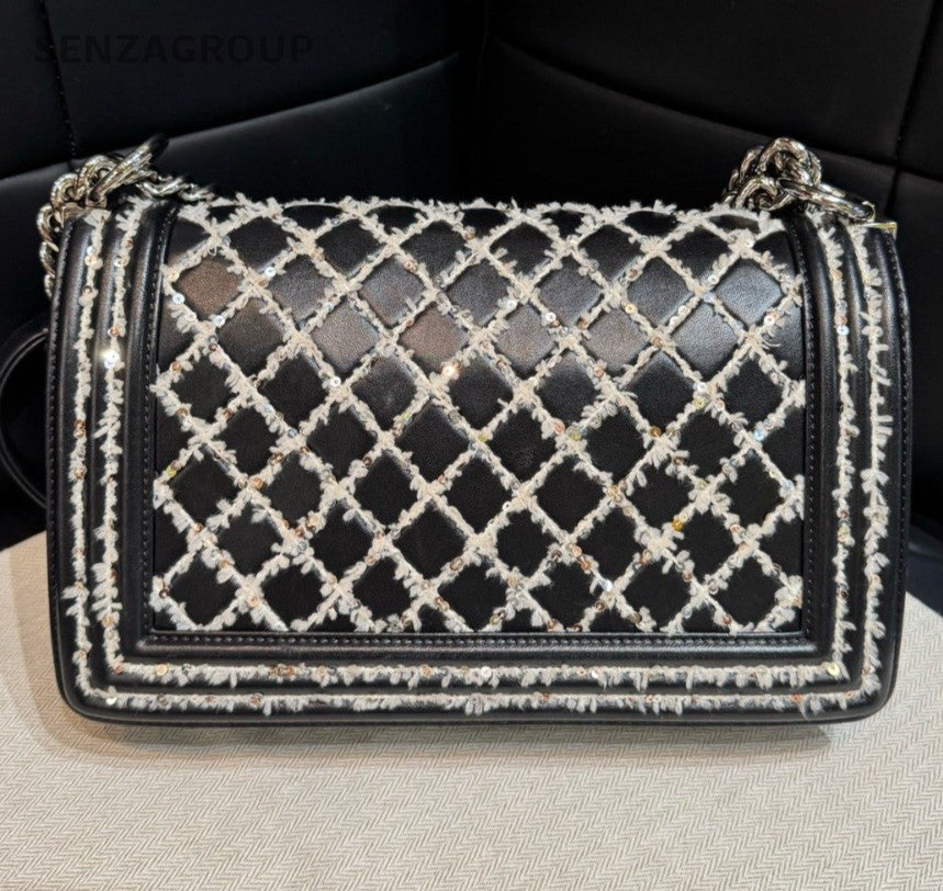 Chanel Leboy MM Lambskin Chain Shoulder Bag Crossbody Black Silver Women Classic