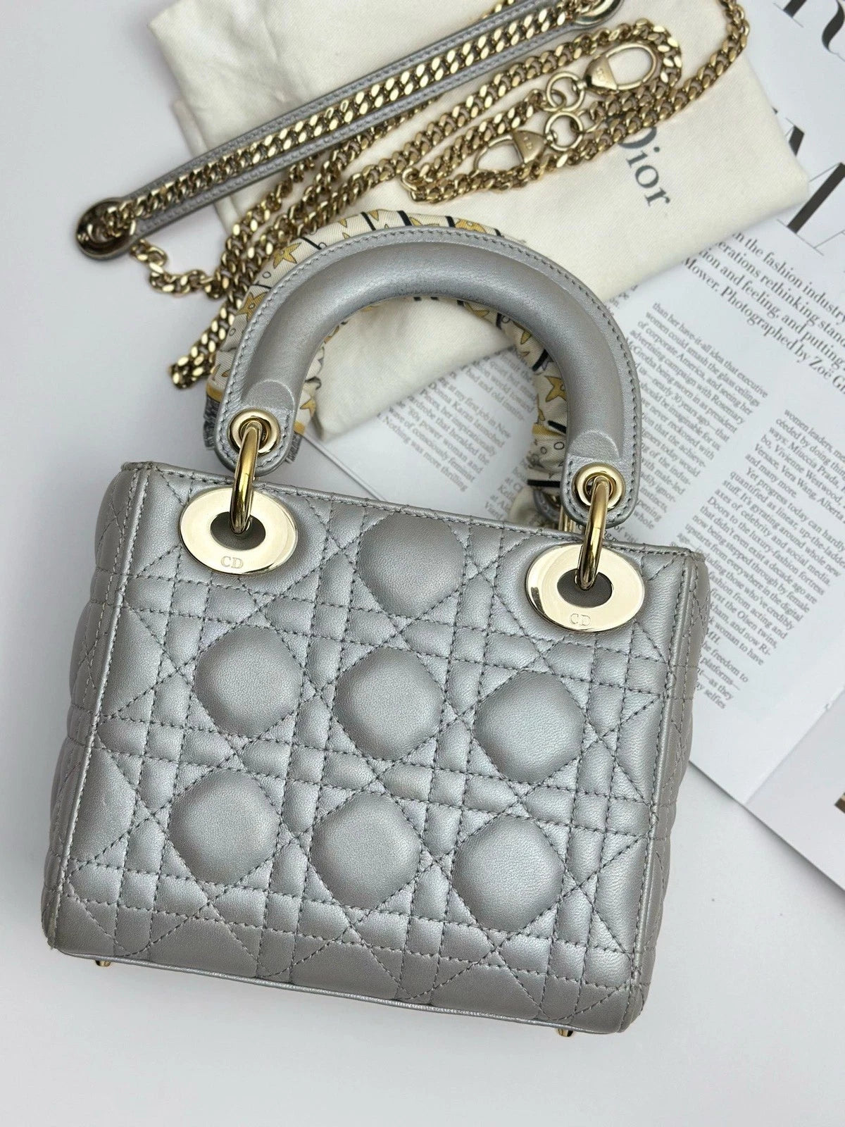 Christian Dior Lady Dior Cannage Gray Handbag Gold Chain Crossbody with Dust Bag