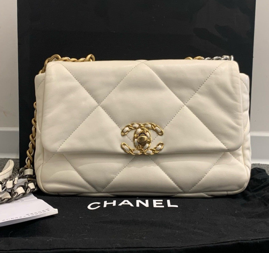Chanel 19Bag PM Chain Top Handle Shoulder Crossbody White Gold Women Classic