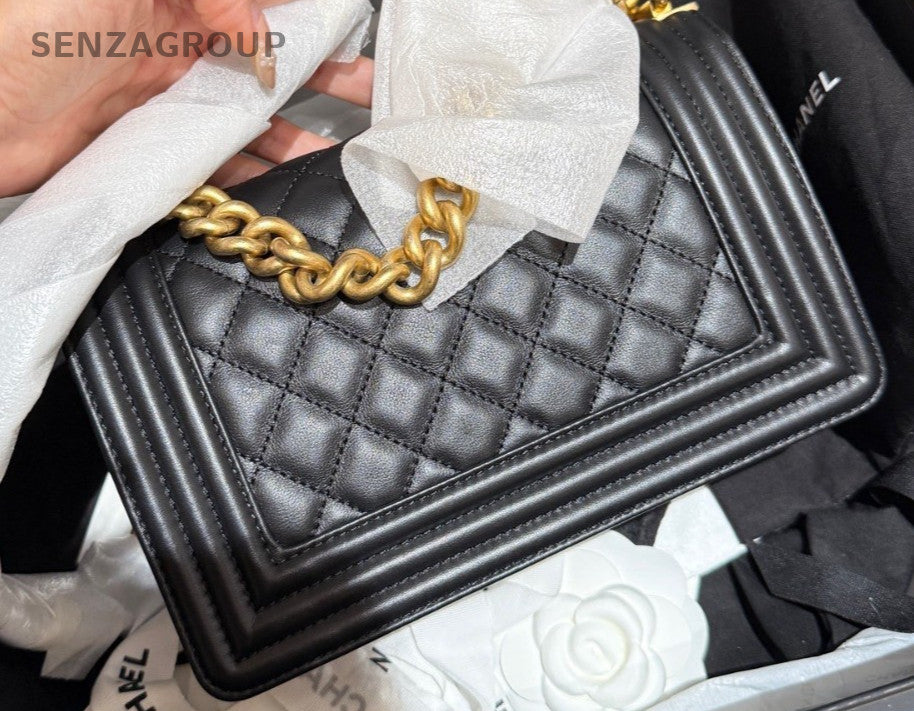 Chanel Calfskin Chain Shoulder Bag Crossbody Black Gold Women Classic Designer