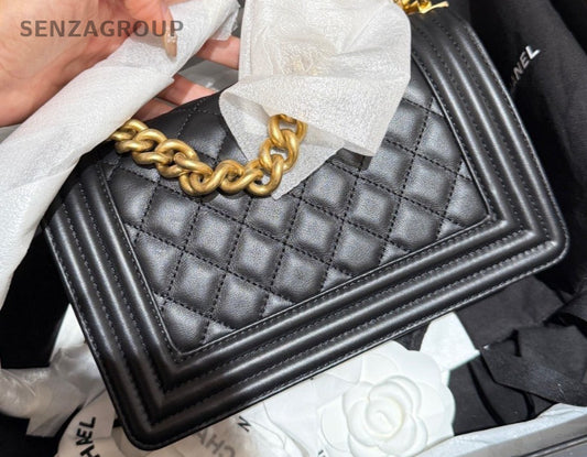 Chanel Calfskin Chain Shoulder Bag Crossbody Black Gold Women Classic Designer